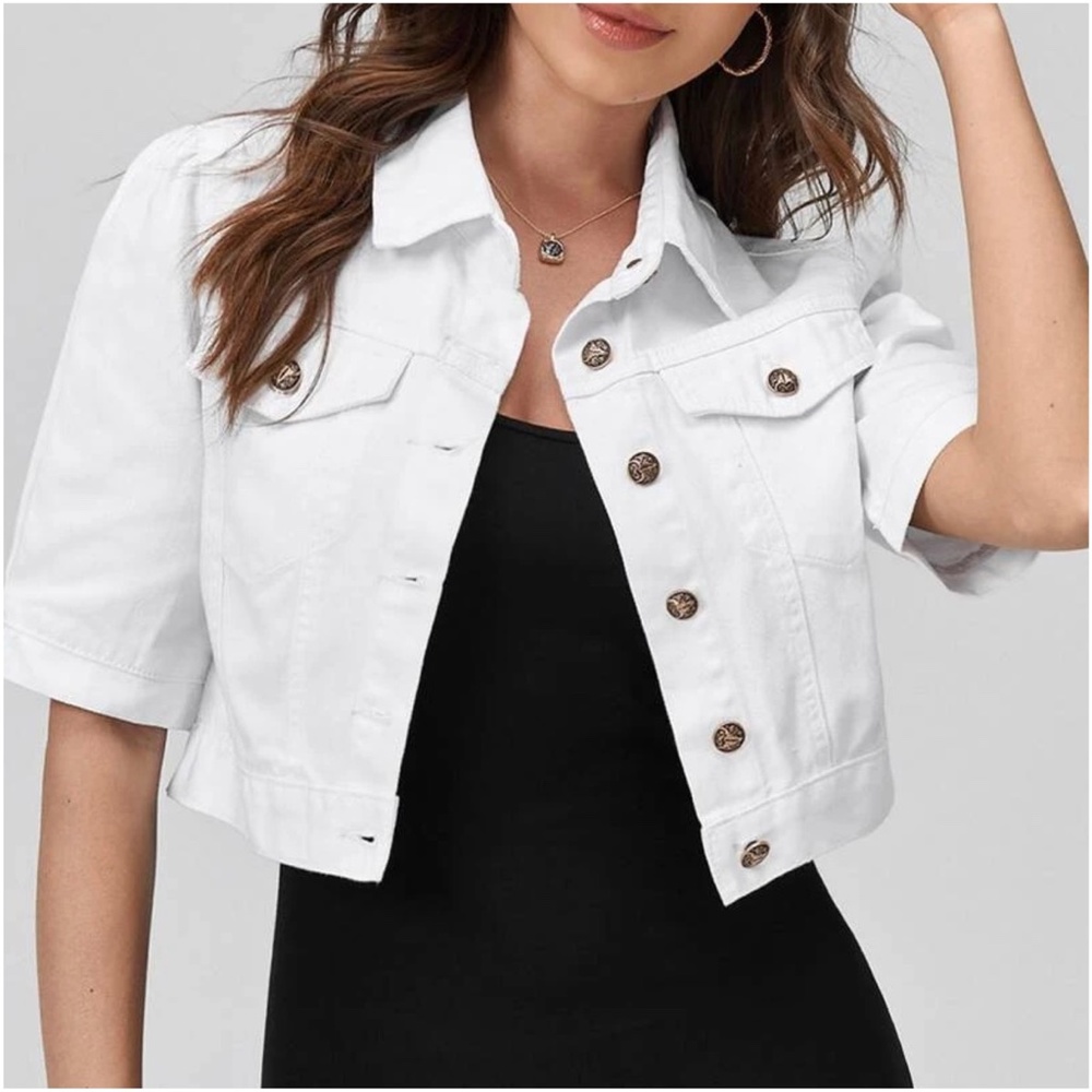 Boho White Puff Sleeve Denim Jacket Shacket - Picture 2 of 7